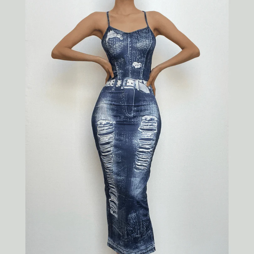 Cross back u neck backless denim print contrast slit midi dress- Final Sale - republicanstateiCross back u neck backless denim print contrast slit midi dress- Final Sale - republicanstatei