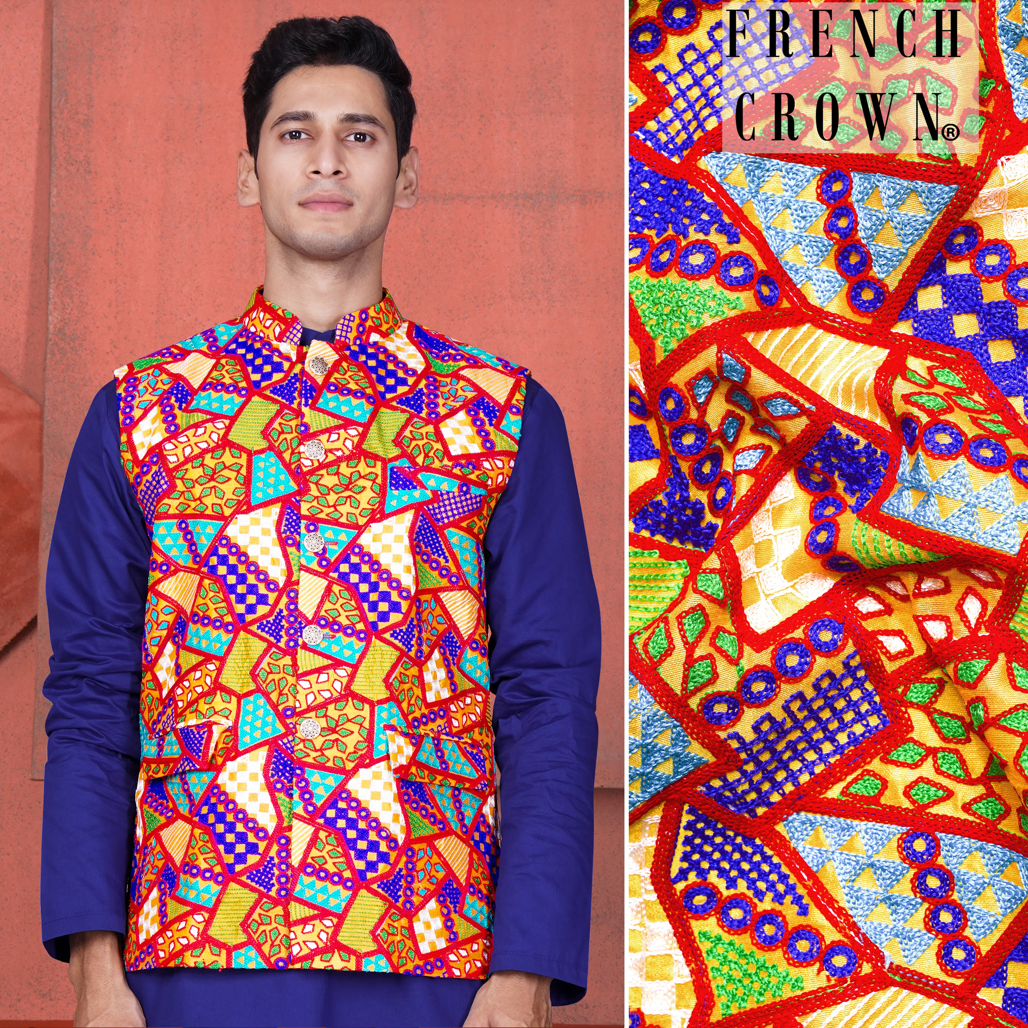 Carmine Red with Amber Yellow Multicolour Cotton Thread Embroidered Designer Nehru Jacket - republicanstateiCarmine Red with Amber Yellow Multicolour Cotton Thread Embroidered Designer Nehru Jacket - republicanstatei