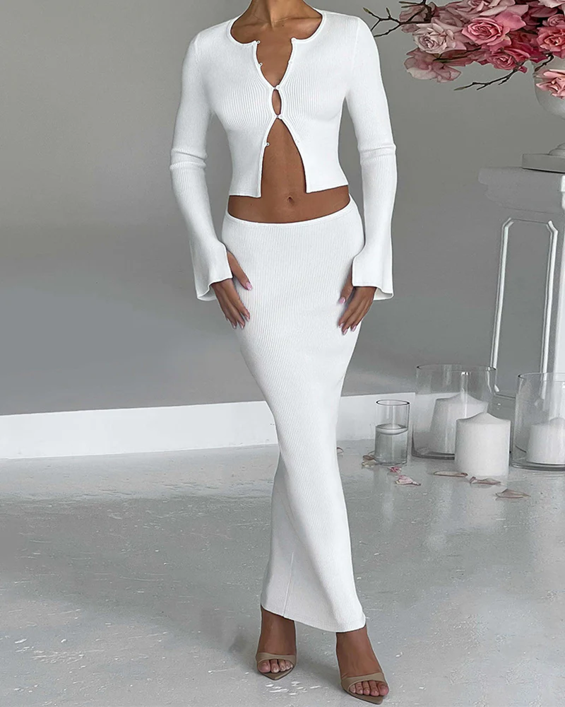 Cardigan Button Slim Skirt Set - republicanstateiCardigan Button Slim Skirt Set - republicanstatei