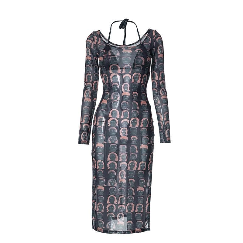 Sheer mesh see through contrast print halter long sleeve slit 2 piece midi dress- Final Sale - republicanstateiSheer mesh see through contrast print halter long sleeve slit 2 piece midi dress- Final Sale - republicanstatei