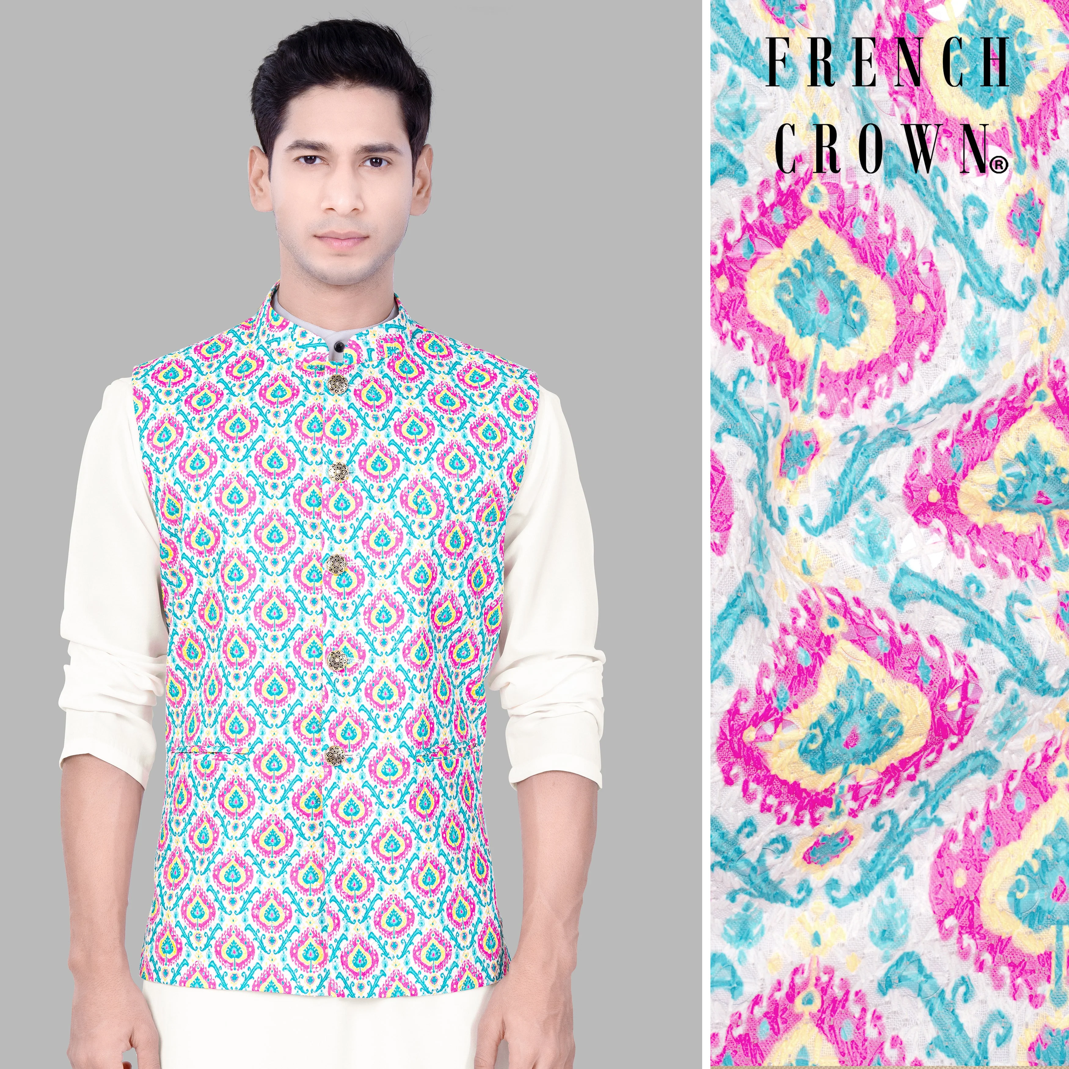 Bright White And lllusion Pink Designer Thread Embroidered Nehru Jacket - republicanstateiBright White And lllusion Pink Designer Thread Embroidered Nehru Jacket - republicanstatei
