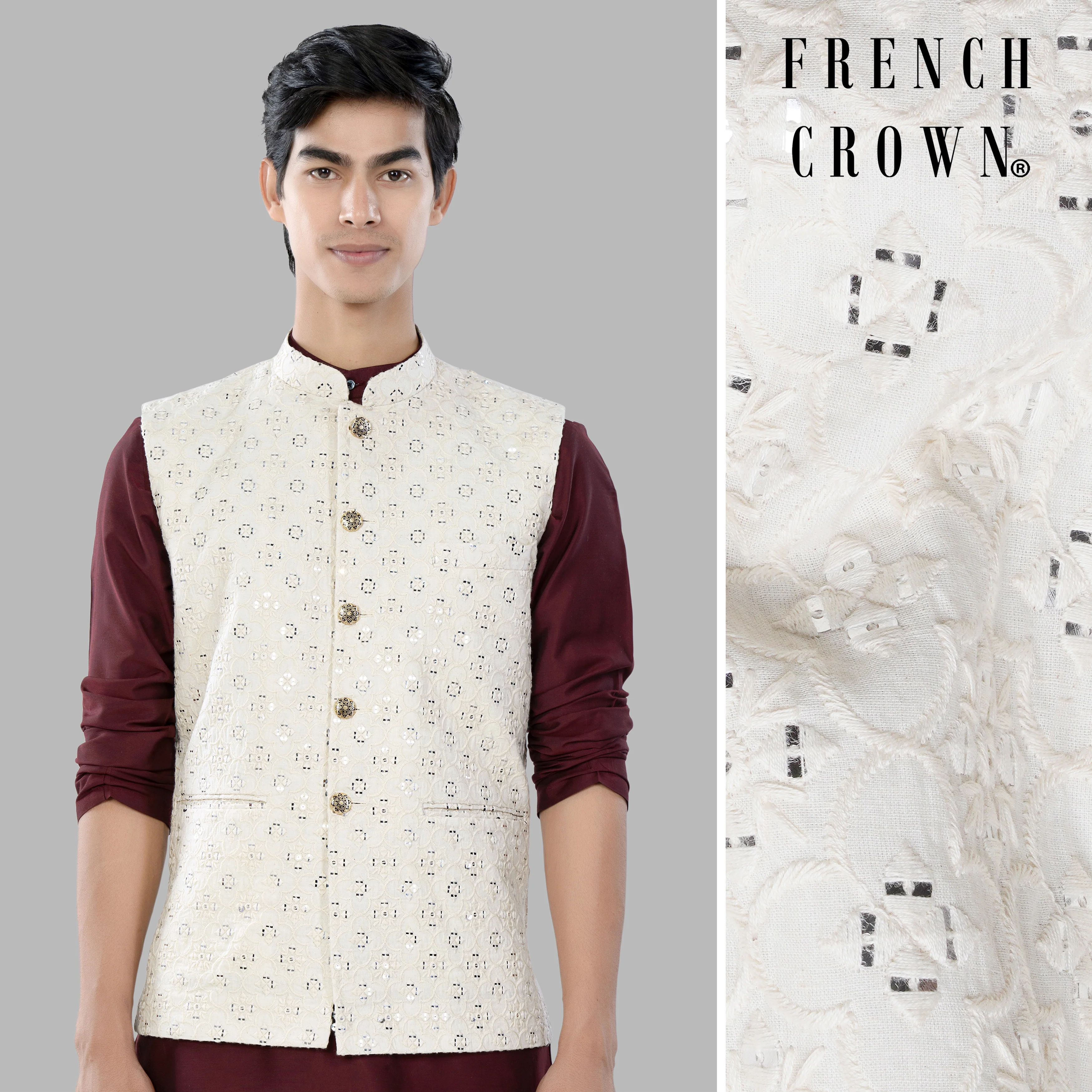 Ivory Cream Moroccan Thread and Sequin Embroidered Designer Nehru Jacket - republicanstateiIvory Cream Moroccan Thread and Sequin Embroidered Designer Nehru Jacket - republicanstatei