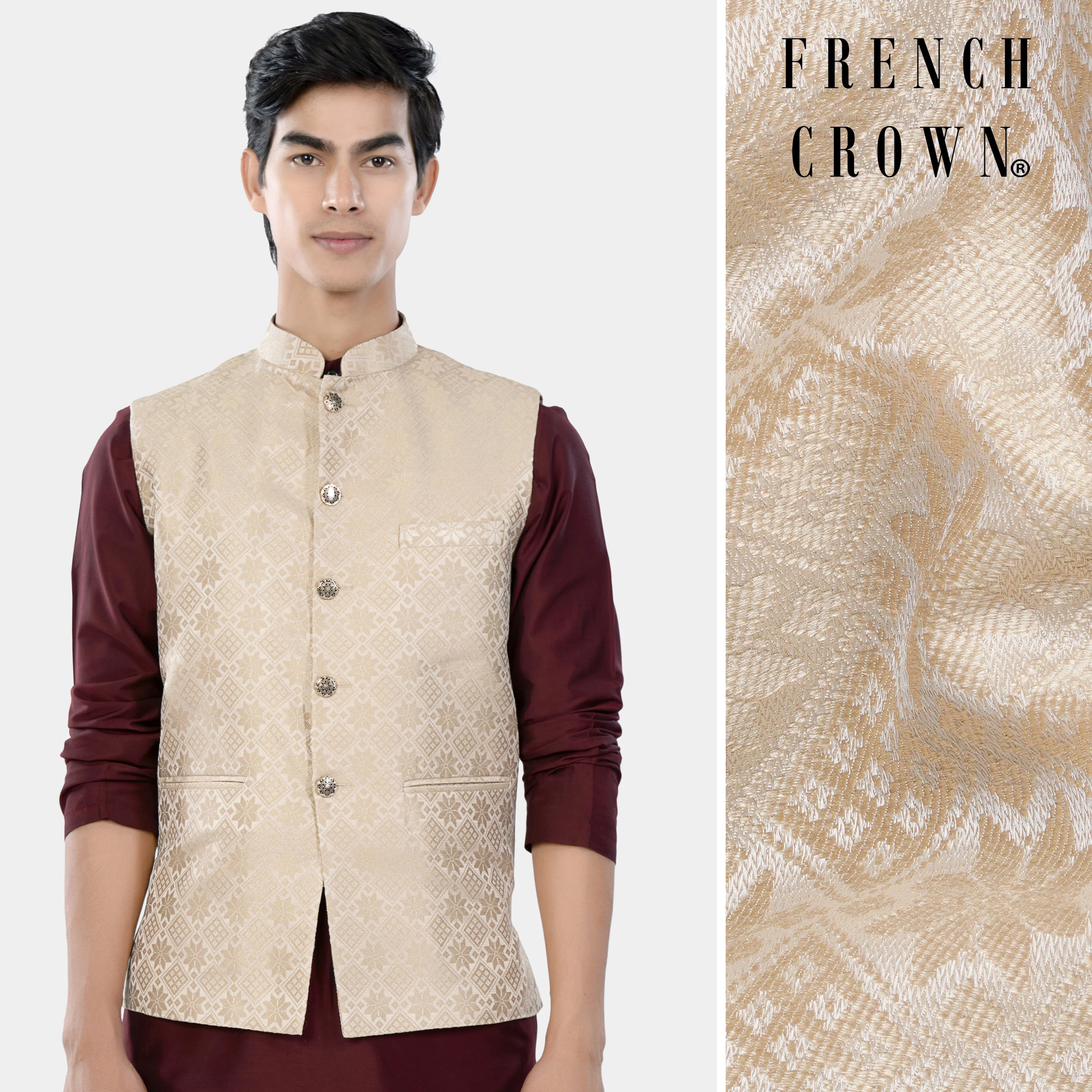 Merino and Almond Cream Geometric Jacquard Textured Designer Nehru Jacket - republicanstateiMerino and Almond Cream Geometric Jacquard Textured Designer Nehru Jacket - republicanstatei