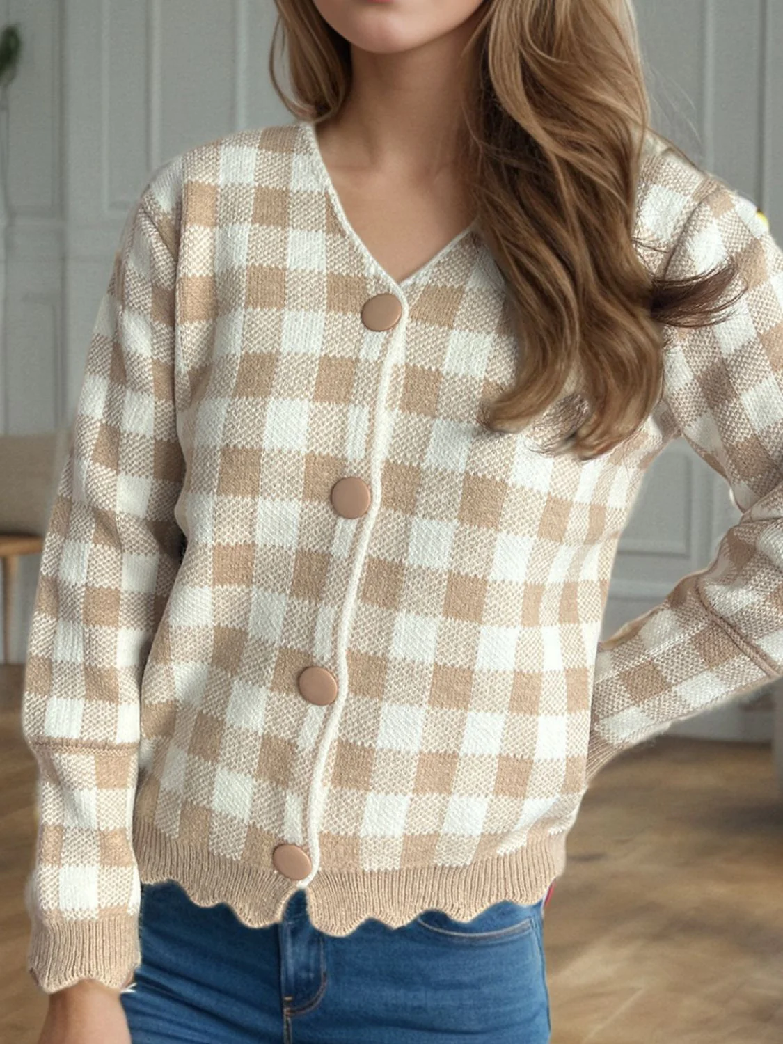 Plaid V-Neck Button Up Cardigan - republicanstateiPlaid V-Neck Button Up Cardigan - republicanstatei
