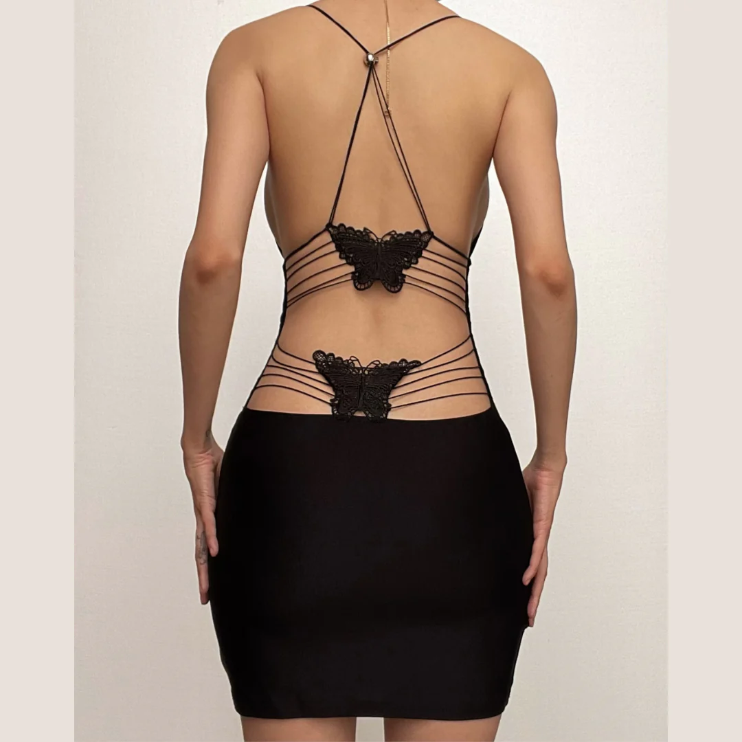 V neck butterfly embroidery backless print cross back cami mini dress - Final Sale - republicanstateiV neck butterfly embroidery backless print cross back cami mini dress - Final Sale - republicanstatei