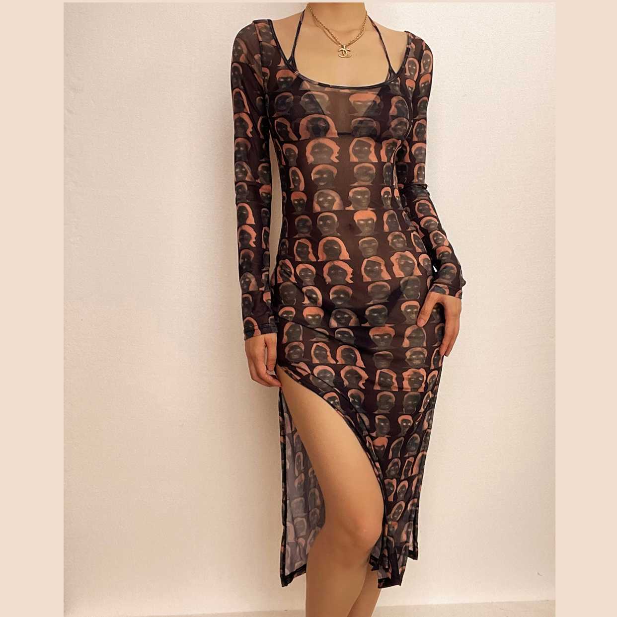 Sheer mesh see through contrast print halter long sleeve slit 2 piece midi dress- Final Sale - republicanstateiSheer mesh see through contrast print halter long sleeve slit 2 piece midi dress- Final Sale - republicanstatei