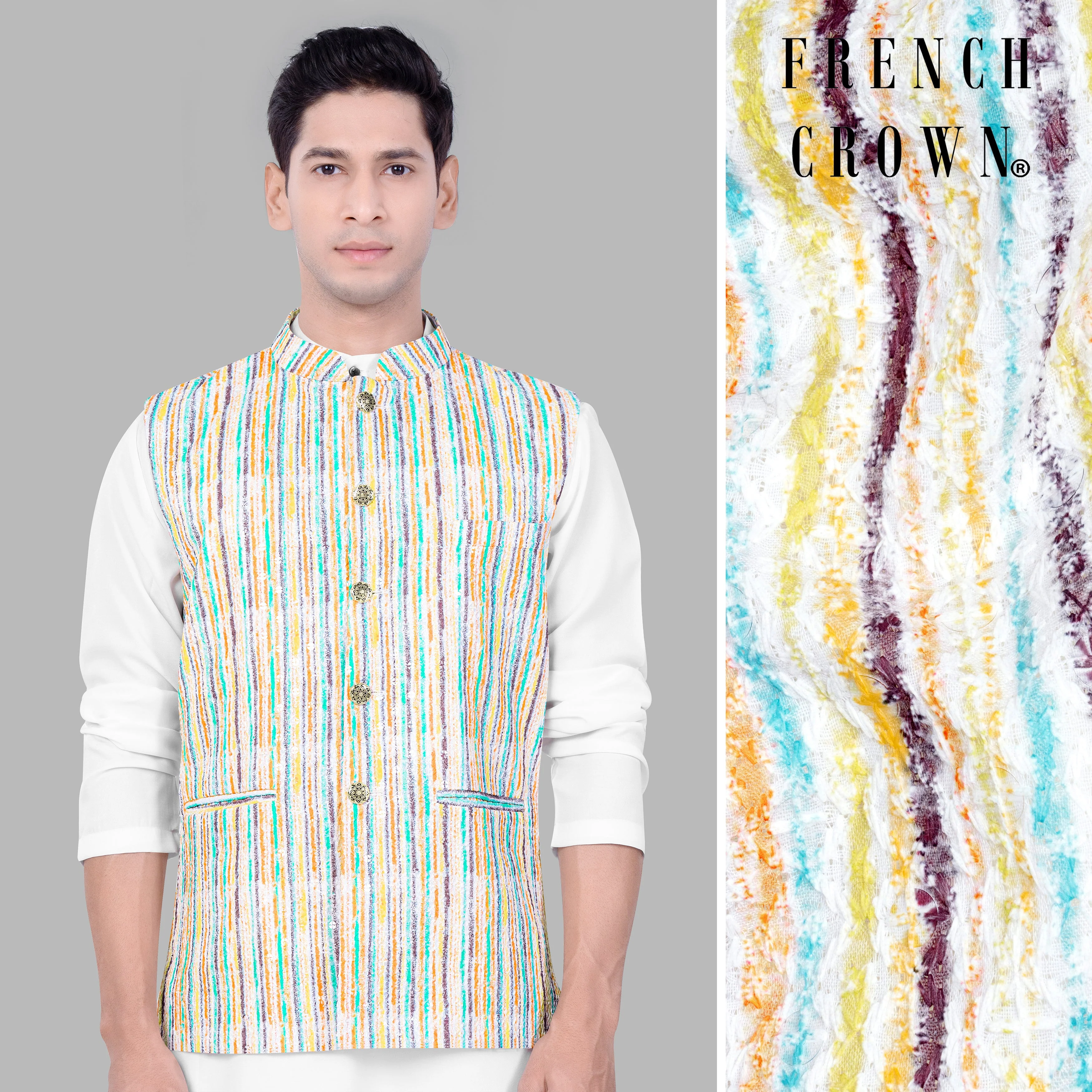 Bright White and Mustard Yellow with Turquoise Blue MultiColour Embroidered Nehru Jacket - republicanstateiBright White and Mustard Yellow with Turquoise Blue MultiColour Embroidered Nehru Jacket - republicanstatei
