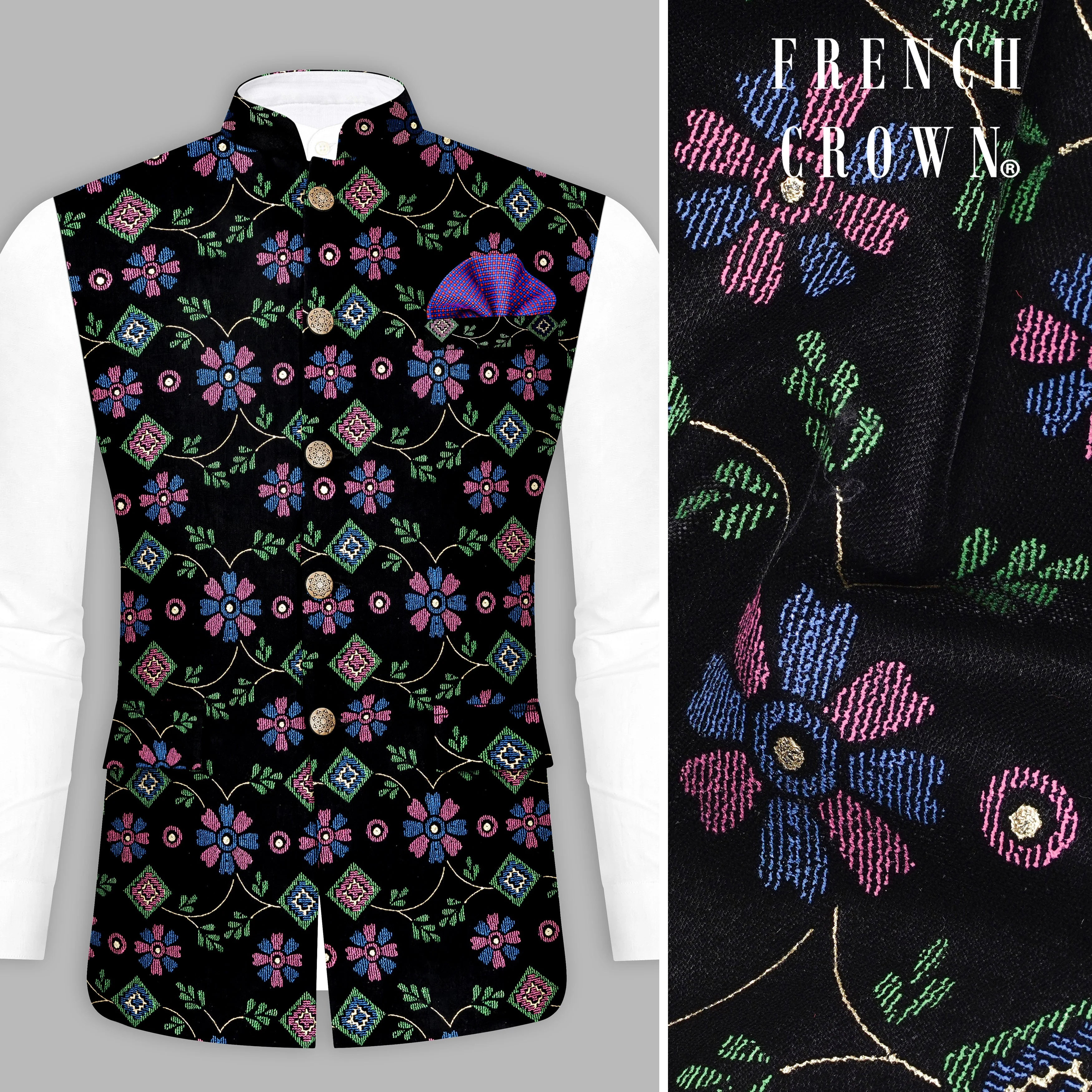 Jade Black and Glade Green Multicolour Floral Jacquard Weave Nehru Jacket - republicanstateiJade Black and Glade Green Multicolour Floral Jacquard Weave Nehru Jacket - republicanstatei
