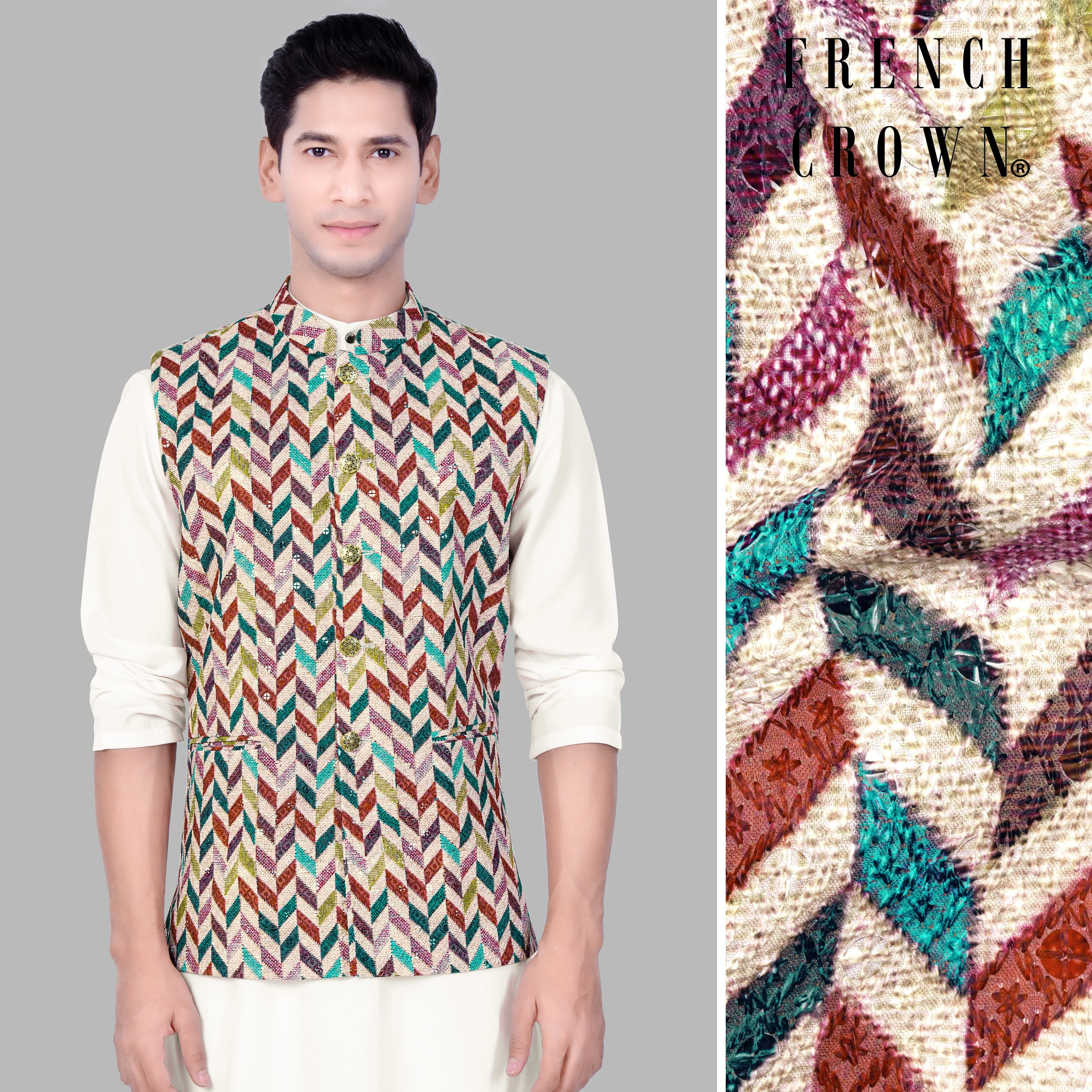 Spanish Cream And Raspberry Pink MultiColour Designer Thread Embroidered Nehru Jacket - republicanstateiSpanish Cream And Raspberry Pink MultiColour Designer Thread Embroidered Nehru Jacket - republicanstatei