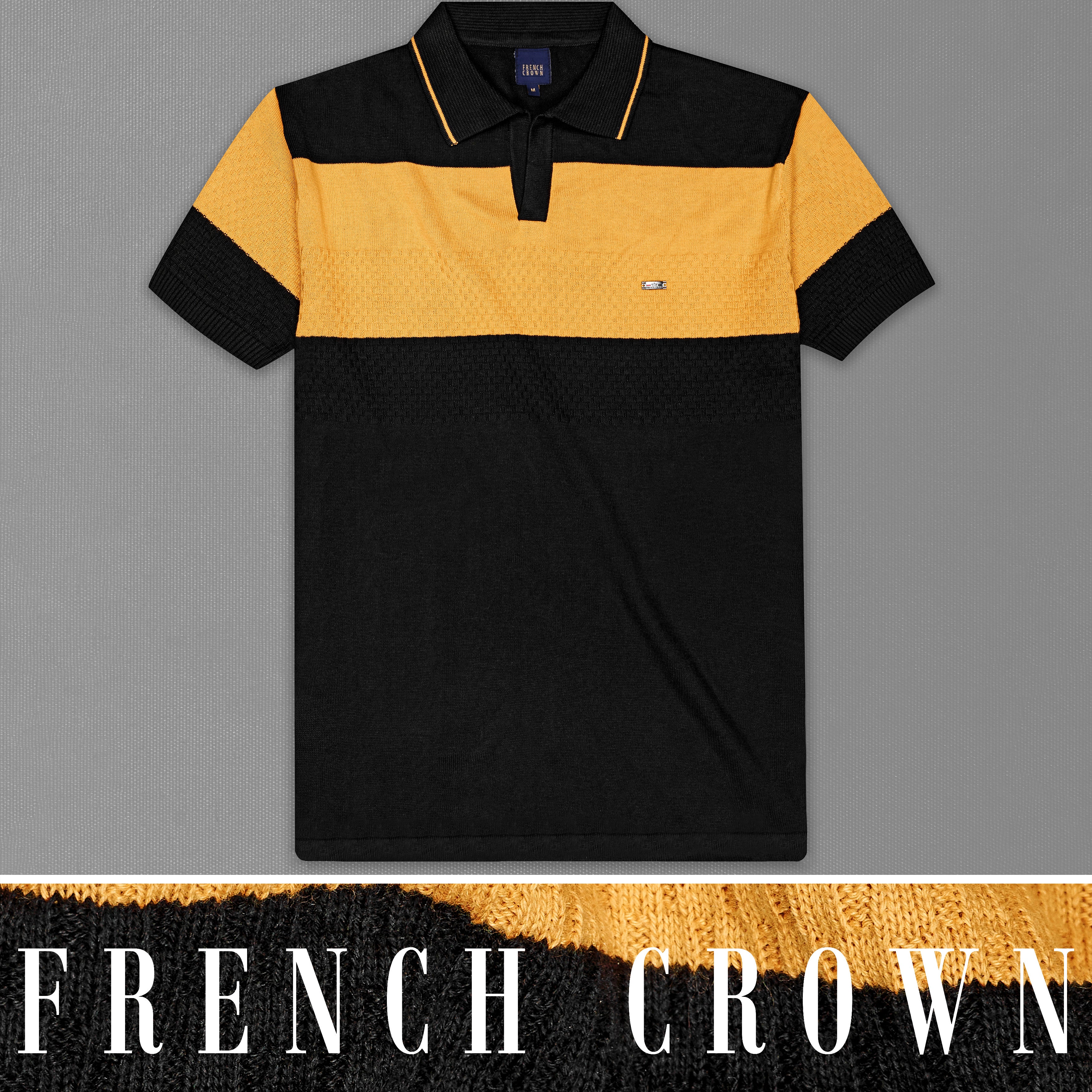 Jade Black and Butterscotch Yellow Jacquard Textured Flat-Knit Premium Cotton Polo - republicanstateiJade Black and Butterscotch Yellow Jacquard Textured Flat-Knit Premium Cotton Polo - republicanstatei