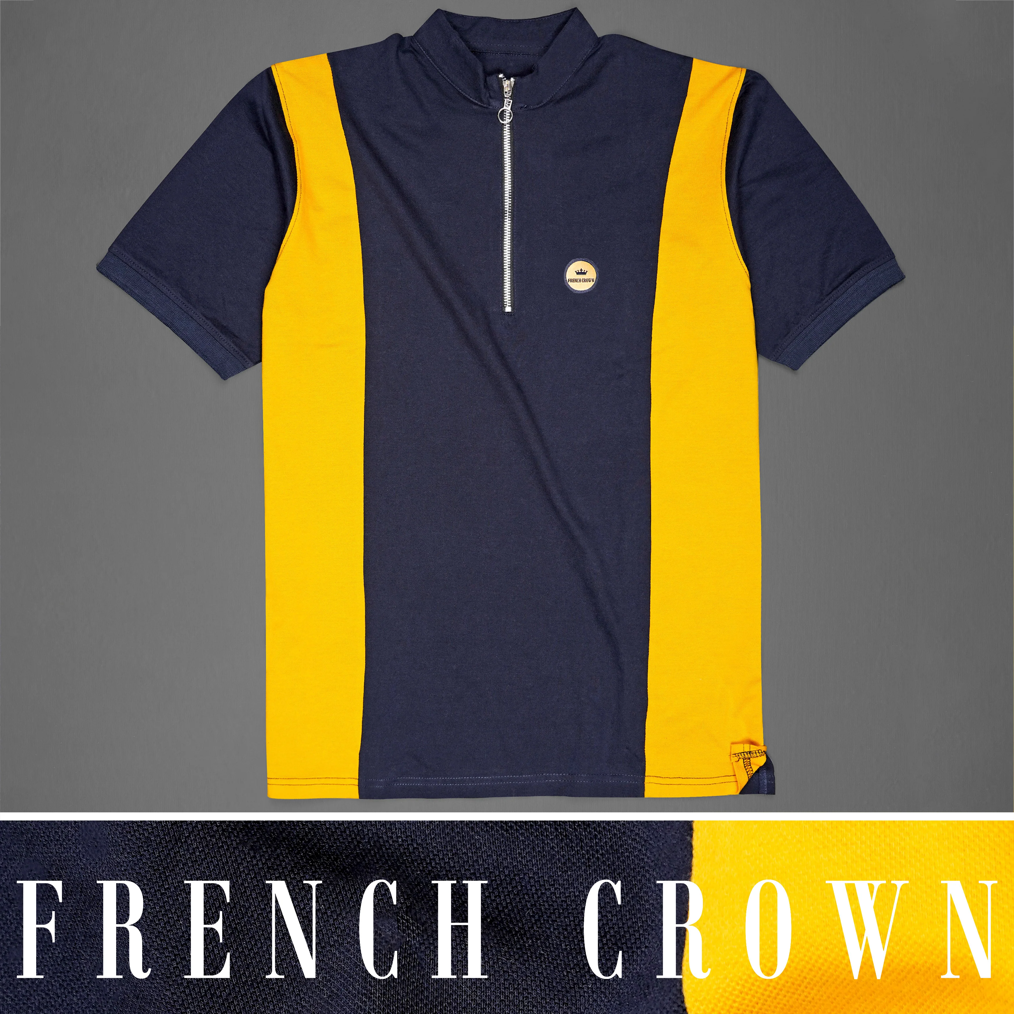 Mirage Navy Blue and Supernova Yellow Super Soft Organic Cotton Mercerised Pique Polo with Zipper Closure - republicanstateiMirage Navy Blue and Supernova Yellow Super Soft Organic Cotton Mercerised Pique Polo with Zipper Closure - republicanstatei