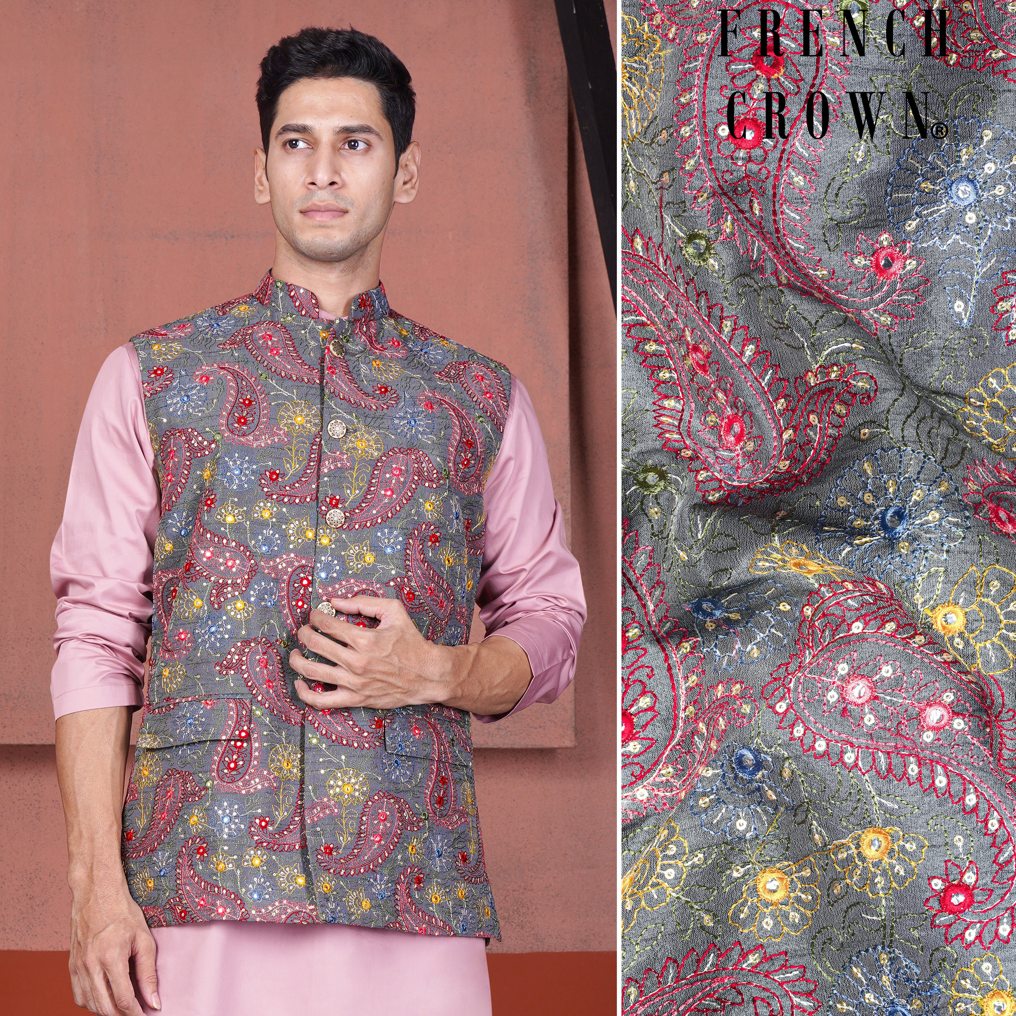 Nickel Gray and Brink Pink Paisley Cotton Thread Embroidered Designer Nehru Jacket - republicanstateiNickel Gray and Brink Pink Paisley Cotton Thread Embroidered Designer Nehru Jacket - republicanstatei