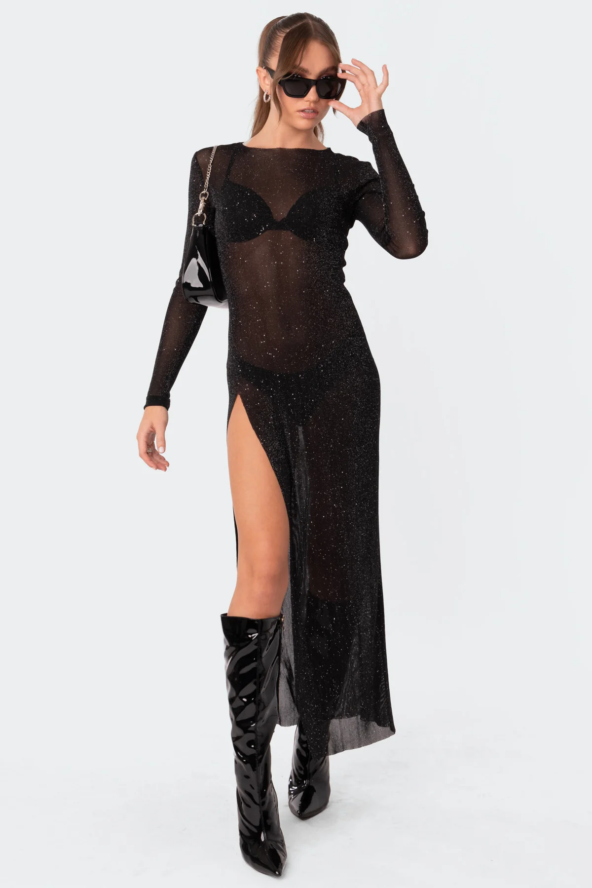 Glitter Mesh Slitted Maxi Dress - republicanstateiGlitter Mesh Slitted Maxi Dress - republicanstatei