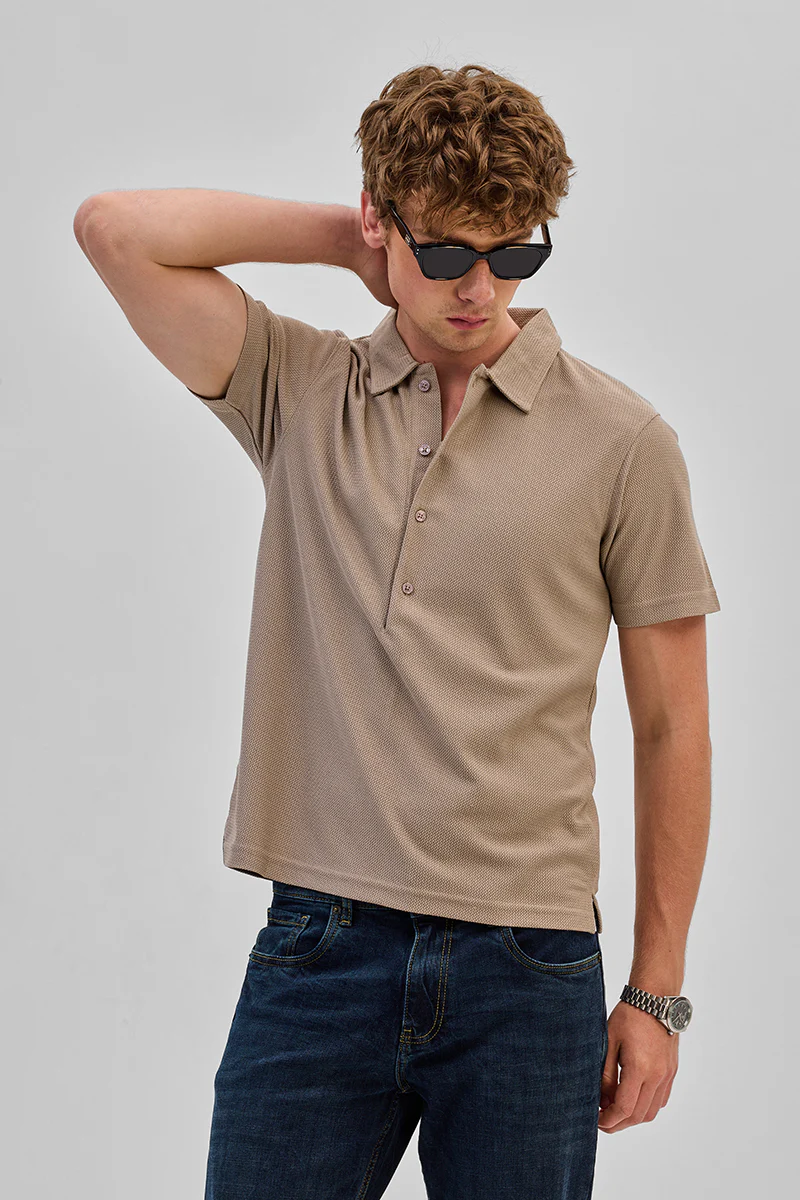 Beige Textured Polo T-Shirt - republicanstateiBeige Textured Polo T-Shirt - republicanstatei