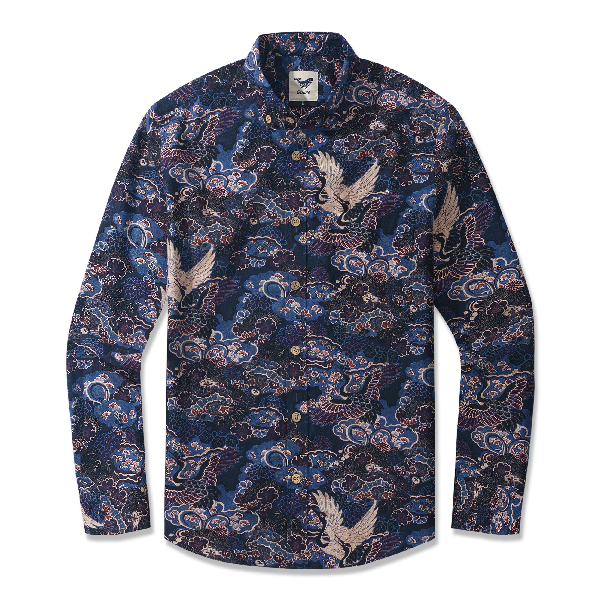 Midnight Blue Crane Reverie 100% Cotton Men's Aloha Hawaiian Long Sleeve Button-down Shirt - republicanstateiMidnight Blue Crane Reverie 100% Cotton Men's Aloha Hawaiian Long Sleeve Button-down Shirt - republicanstatei