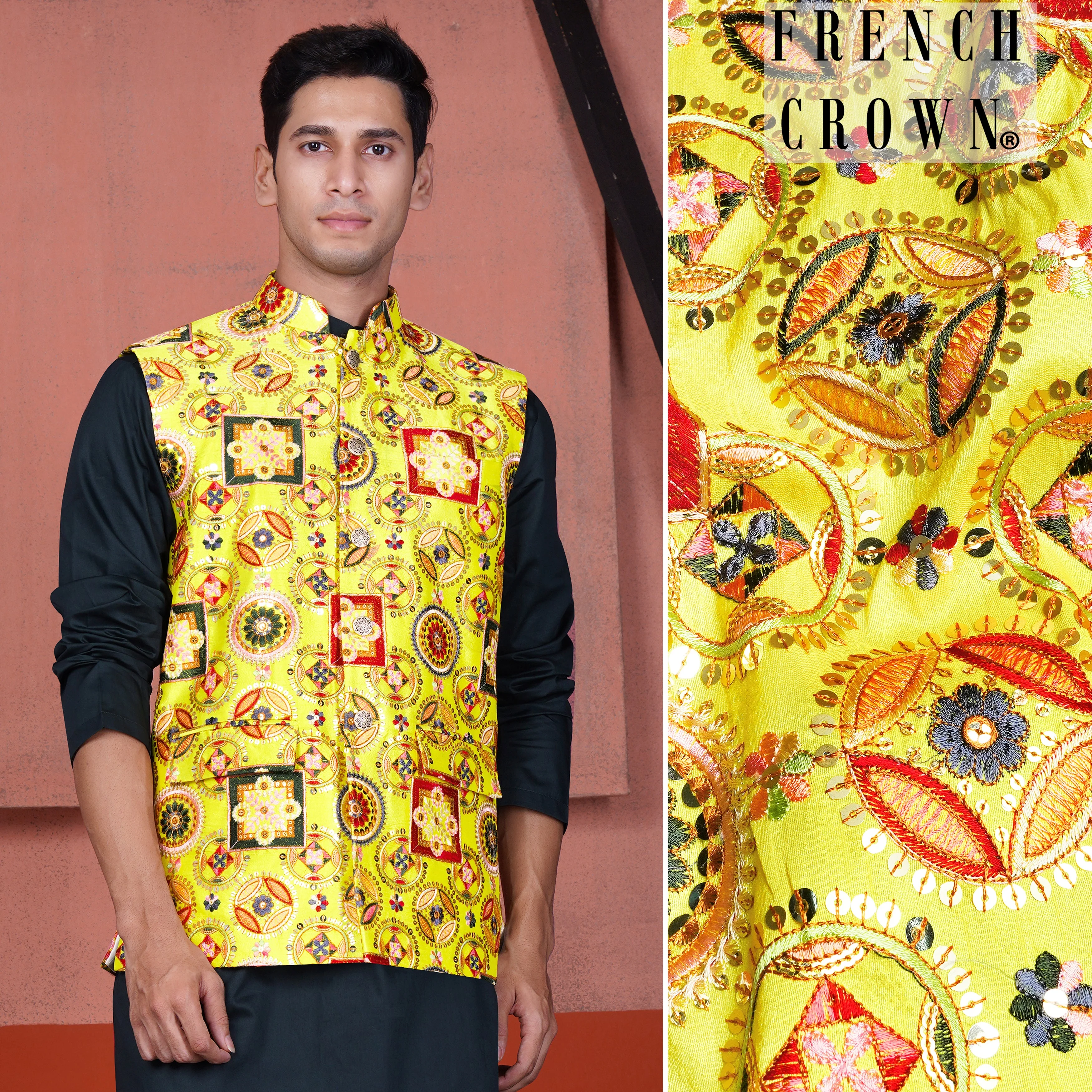 Custard Yellow Multicolour Cotton Thread Embroidered Designer Nehru Jacket - republicanstateiCustard Yellow Multicolour Cotton Thread Embroidered Designer Nehru Jacket - republicanstatei