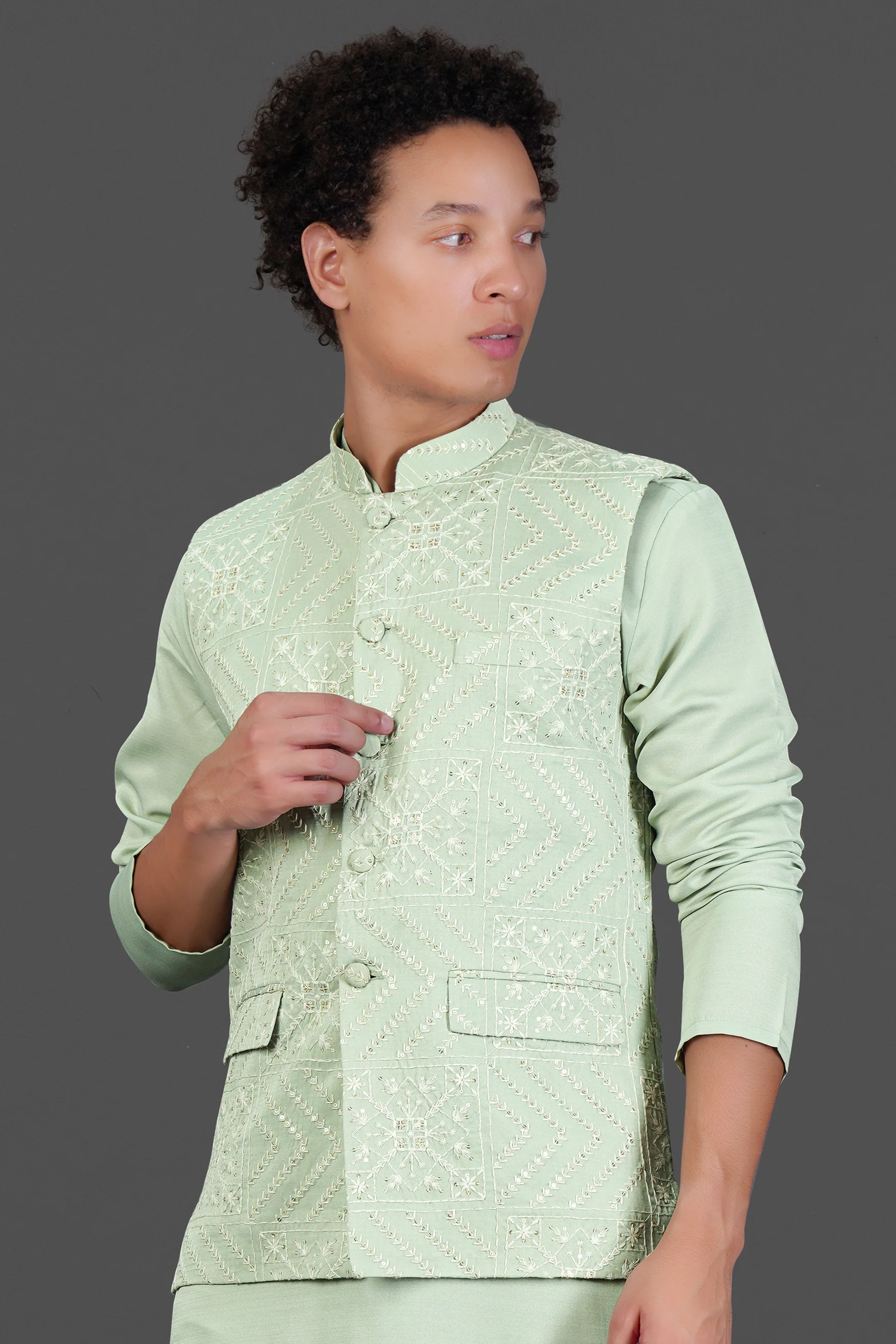 Rainee Green Thread and Sequin Embroidered Designer Viscose Nehru Jacket - republicanstateiRainee Green Thread and Sequin Embroidered Designer Viscose Nehru Jacket - republicanstatei