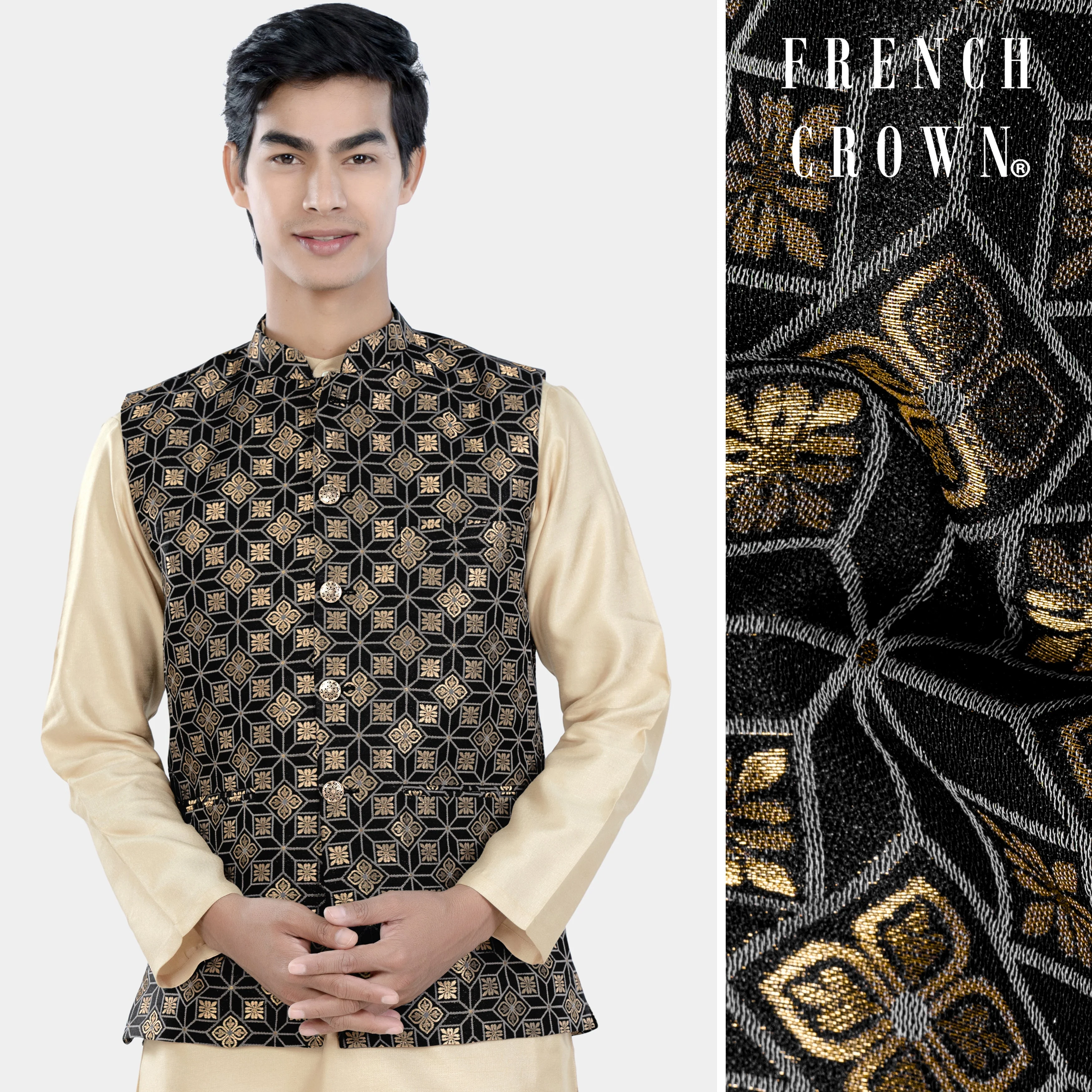 Cinder Black and Tan Brown Geometric Jacquard Textured Designer Nehru Jacket - republicanstateiCinder Black and Tan Brown Geometric Jacquard Textured Designer Nehru Jacket - republicanstatei