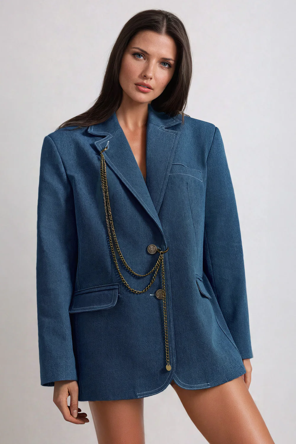 Oversized Denim Blazer with Chain Detail and Animal Print Accents - Dark Blue - republicanstateiOversized Denim Blazer with Chain Detail and Animal Print Accents - Dark Blue - republicanstatei