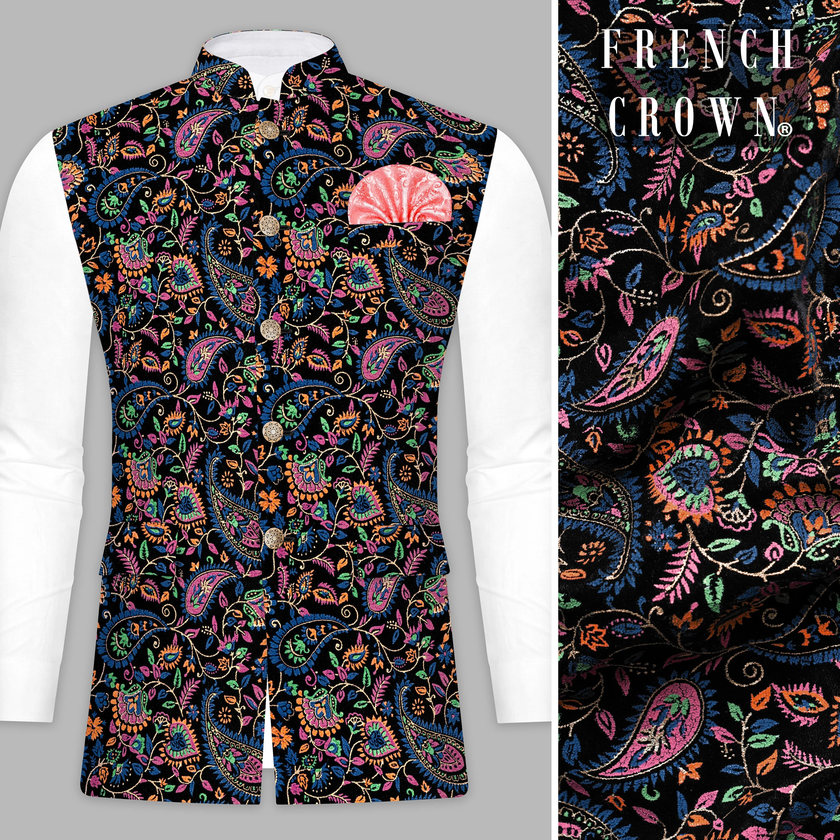 Jade Black And Mauvelous Pink Velvet Multicolour Floral Jacquard Weave Nehru Jacket - republicanstateiJade Black And Mauvelous Pink Velvet Multicolour Floral Jacquard Weave Nehru Jacket - republicanstatei
