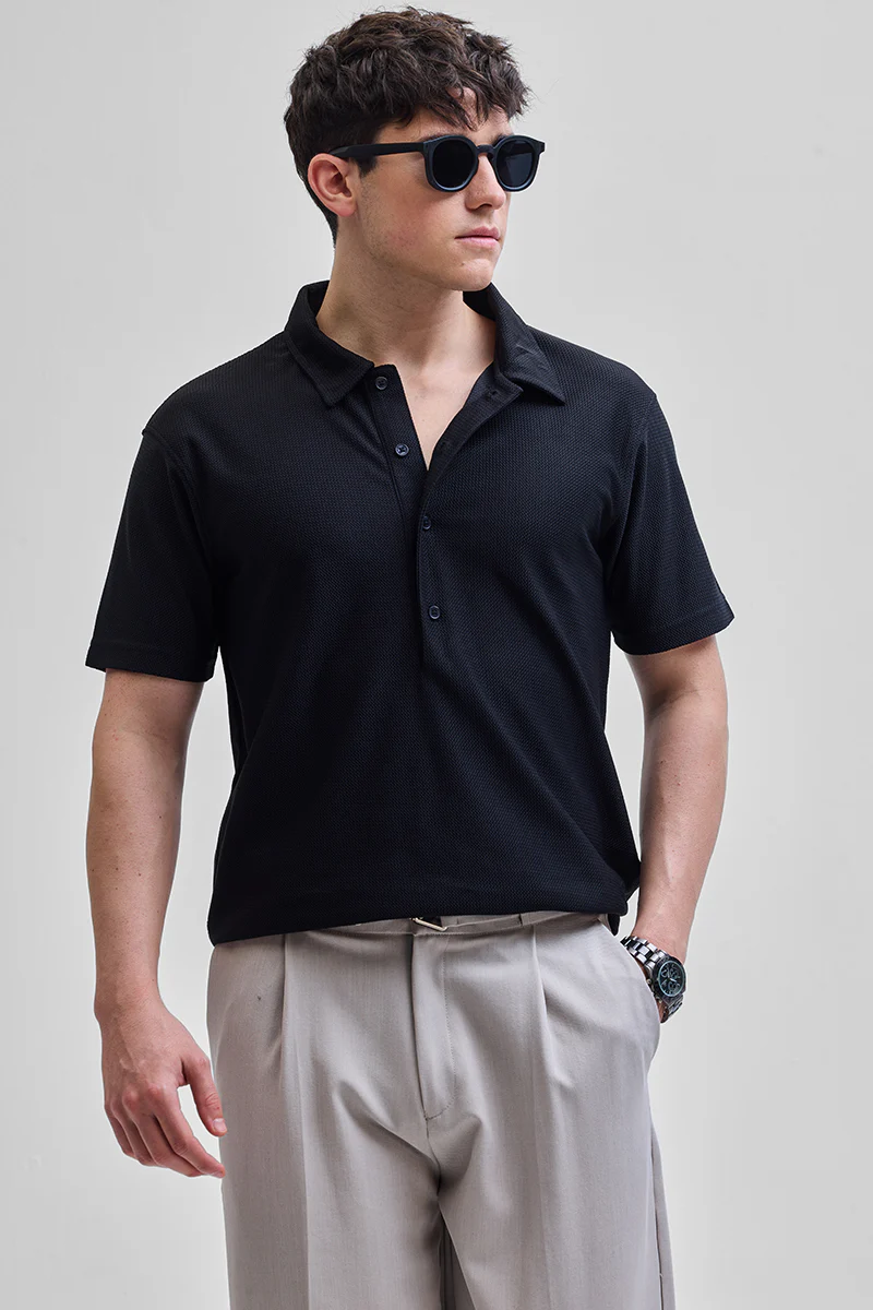 Black Textured Polo T-Shirt - republicanstateiBlack Textured Polo T-Shirt - republicanstatei