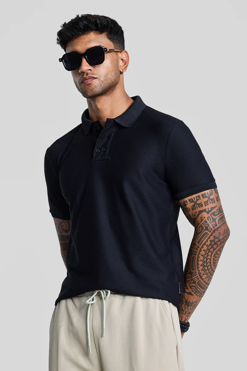 Black Textured Polo T-Shirt - republicanstateiBlack Textured Polo T-Shirt - republicanstatei