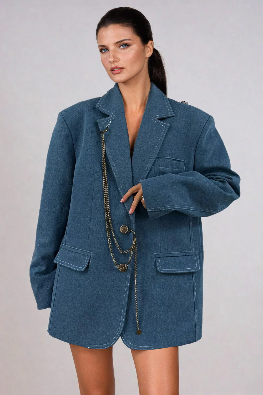Oversized Denim Blazer with Chain Detail and Animal Print Accents - Dark Blue - republicanstateiOversized Denim Blazer with Chain Detail and Animal Print Accents - Dark Blue - republicanstatei
