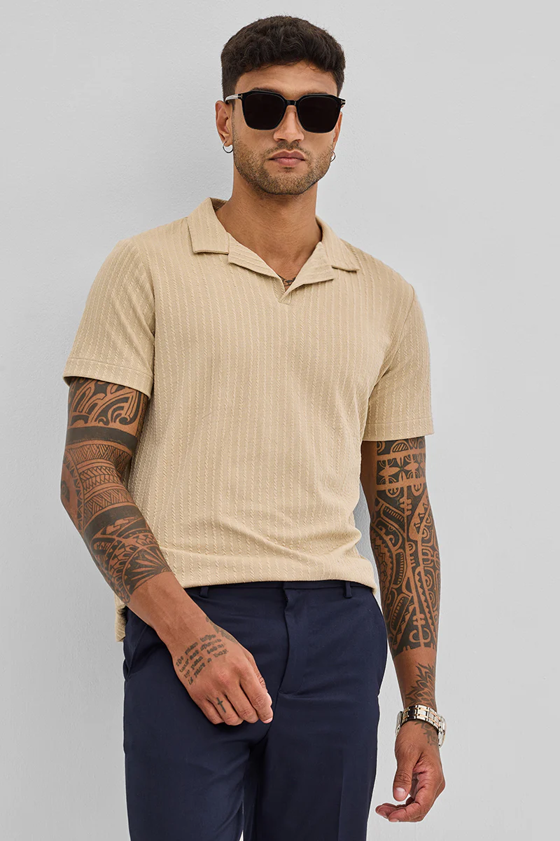 Beige Textured Cuban T-Shirt - republicanstateiBeige Textured Cuban T-Shirt - republicanstatei