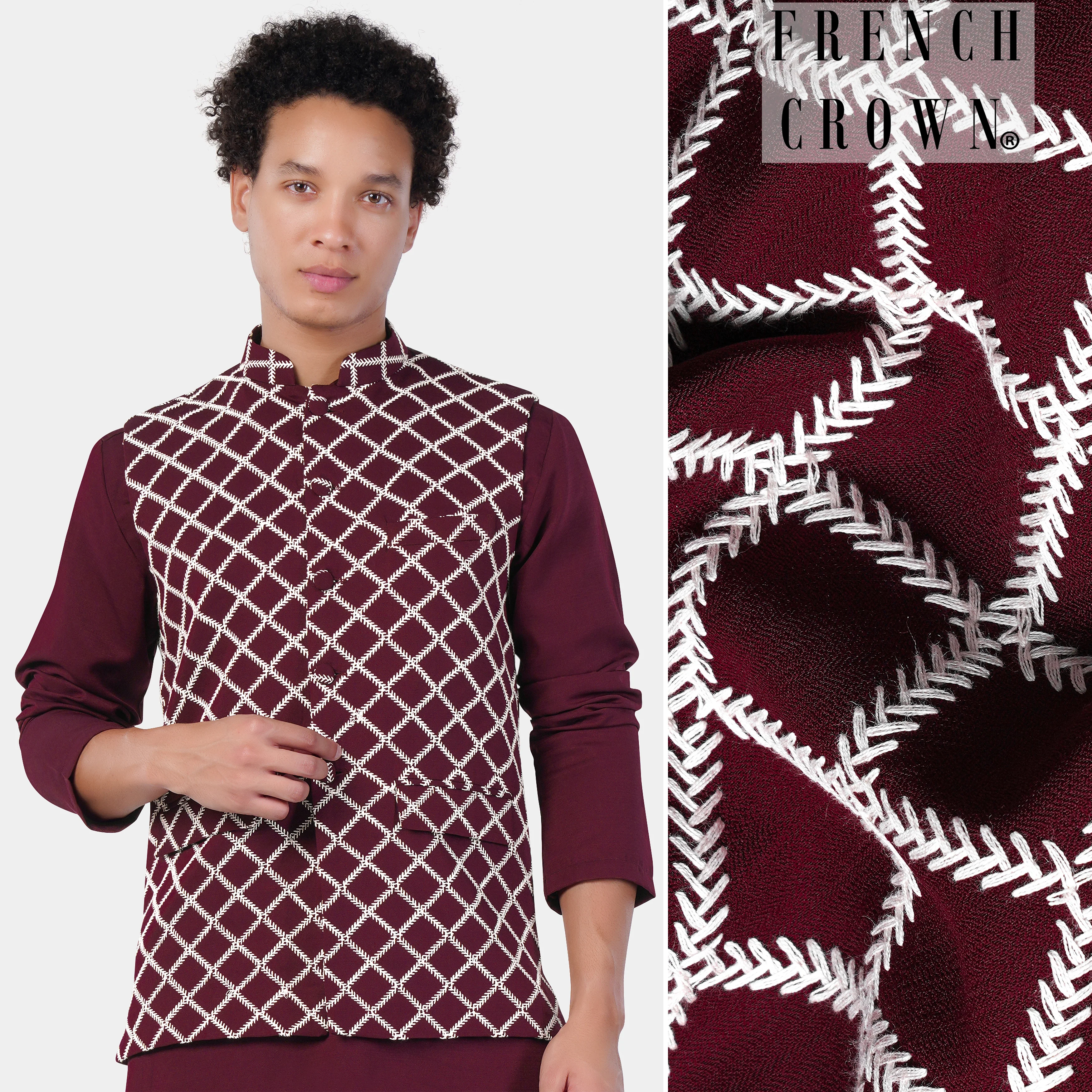 Aubergine Maroon Geometric Pattern Thread Embroidered Designer Viscose Nehru Jacket - republicanstateiAubergine Maroon Geometric Pattern Thread Embroidered Designer Viscose Nehru Jacket - republicanstatei