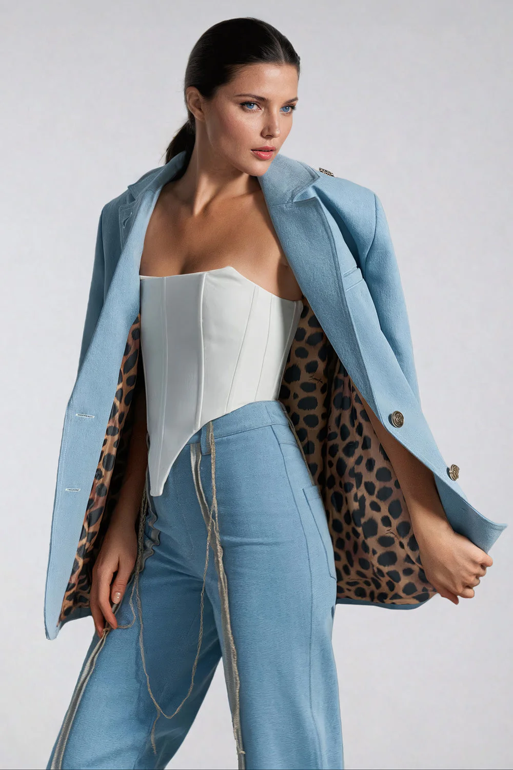 Oversized Denim Blazer with Chain Detail and Animal Print Accents - Light Blue - republicanstateiOversized Denim Blazer with Chain Detail and Animal Print Accents - Light Blue - republicanstatei