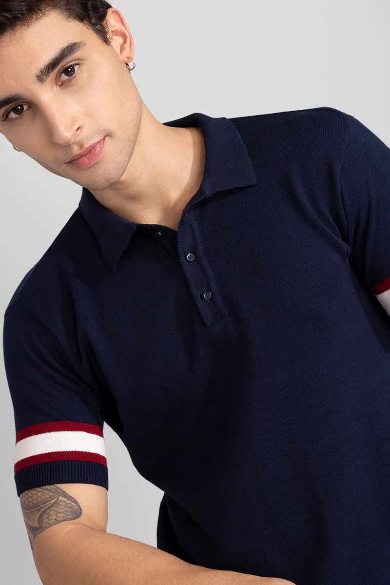 Striped Rib Navy Polo T-Shirt - republicanstateiStriped Rib Navy Polo T-Shirt - republicanstatei