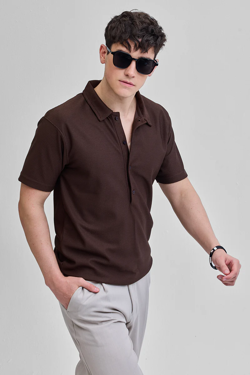 Dark Brown Textured Polo T-Shirt - republicanstateiDark Brown Textured Polo T-Shirt - republicanstatei