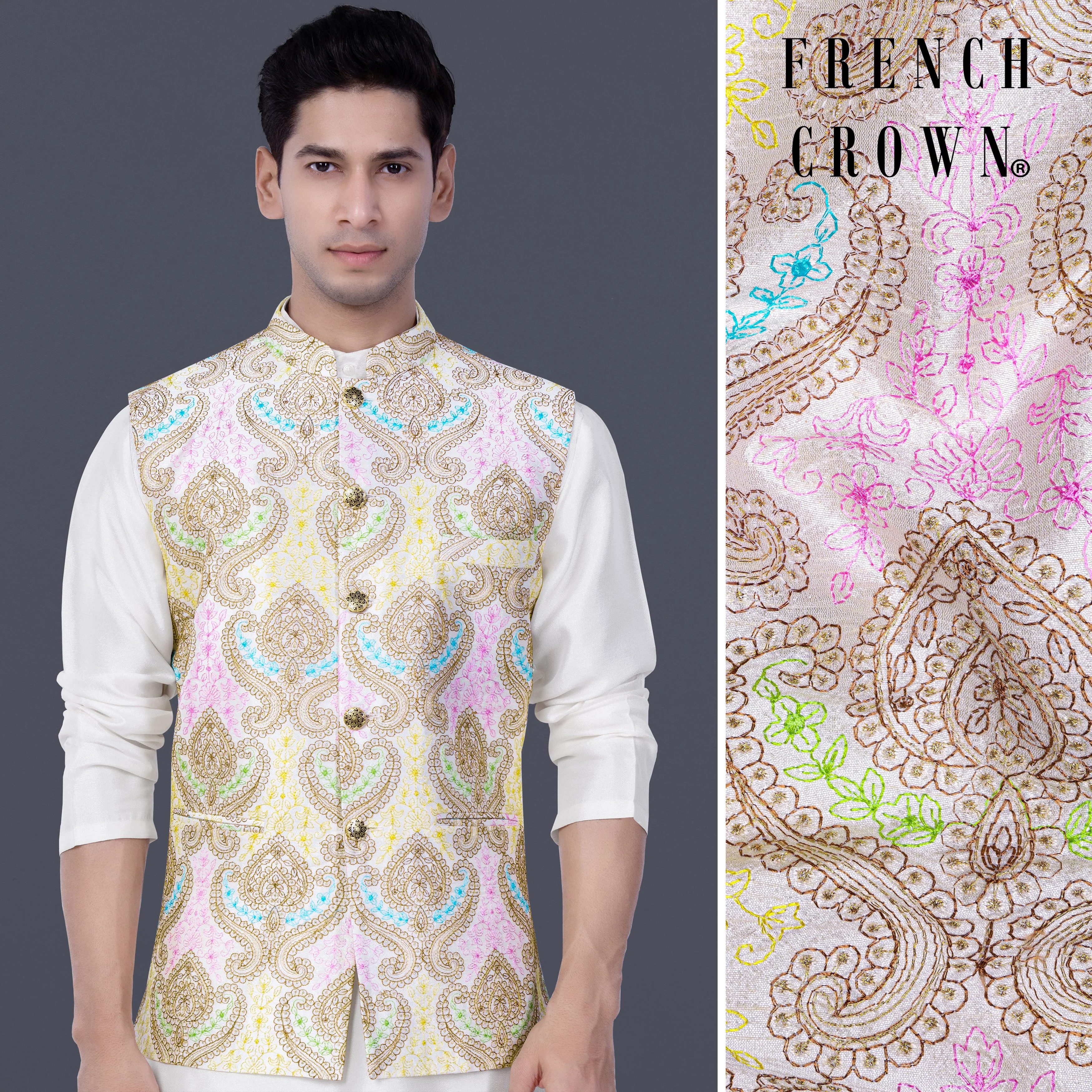 Neon Fuchsia Pink And Starship Yellow MultiColour Embroidered Nehru Jacket - republicanstateiNeon Fuchsia Pink And Starship Yellow MultiColour Embroidered Nehru Jacket - republicanstatei