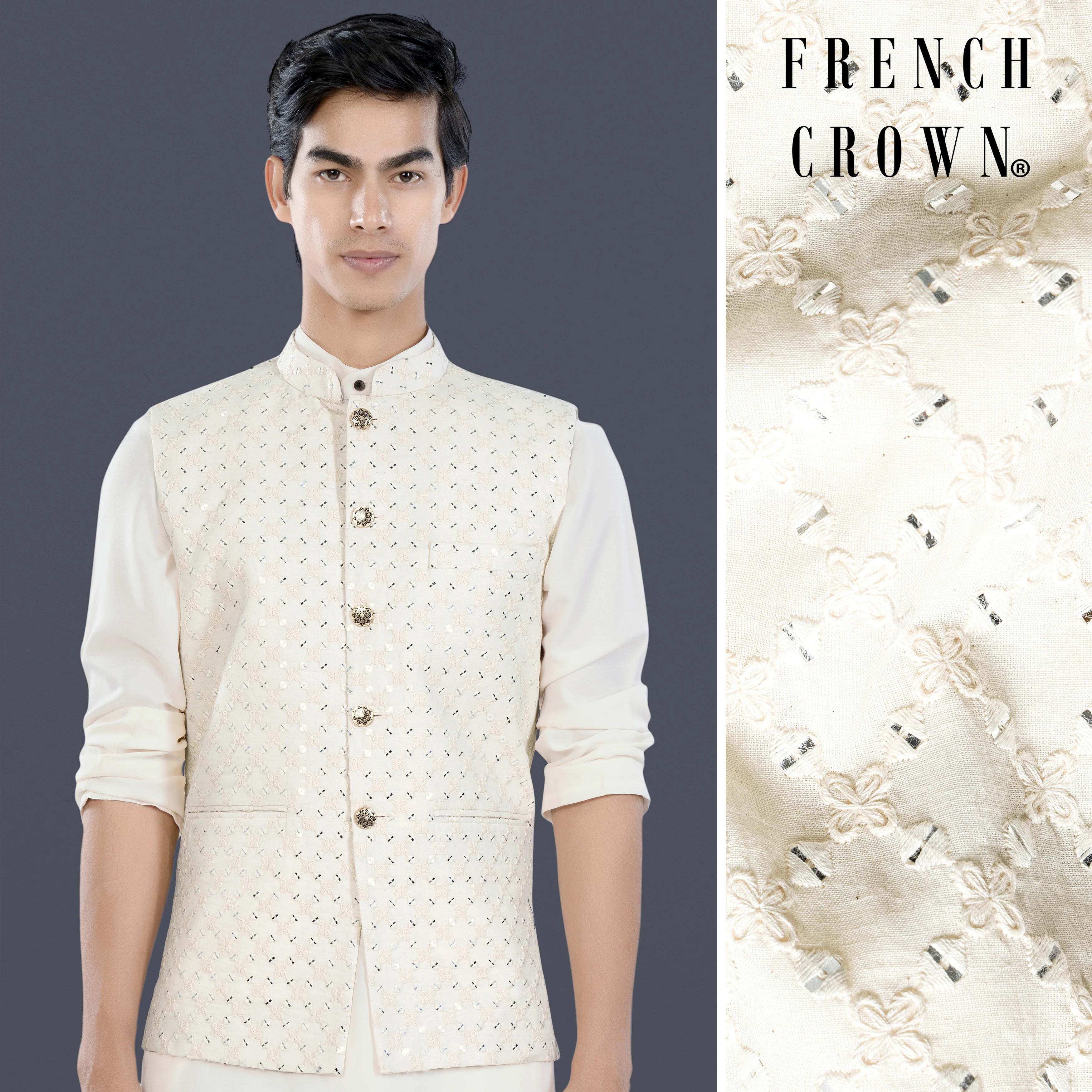 Bright White Geometric Thread and Sequin Embroidered Designer Nehru Jacket - republicanstateiBright White Geometric Thread and Sequin Embroidered Designer Nehru Jacket - republicanstatei