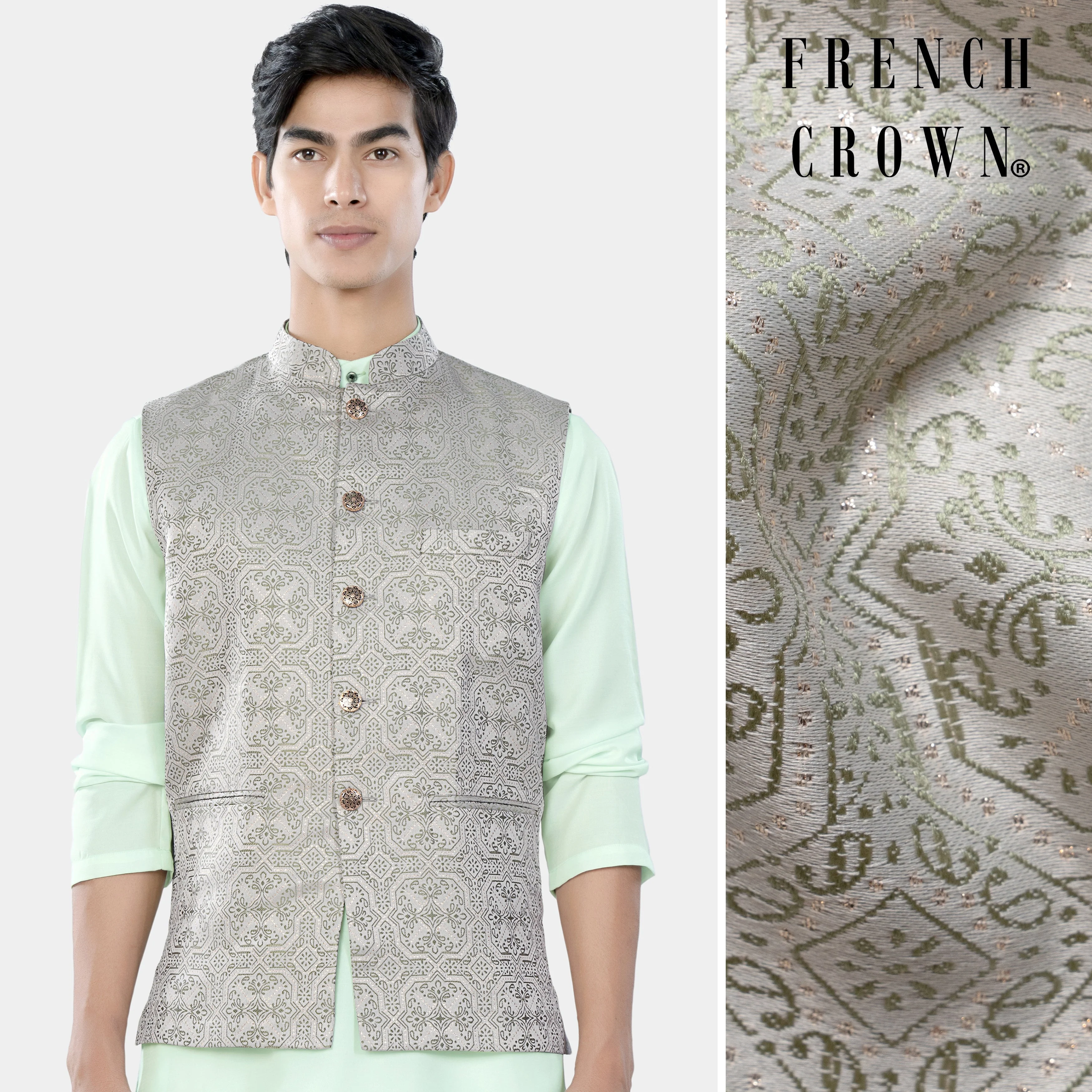 Gainsboro Gray and Sage Green Geometric Jacquard Textured Designer Nehru Jacket - republicanstateiGainsboro Gray and Sage Green Geometric Jacquard Textured Designer Nehru Jacket - republicanstatei