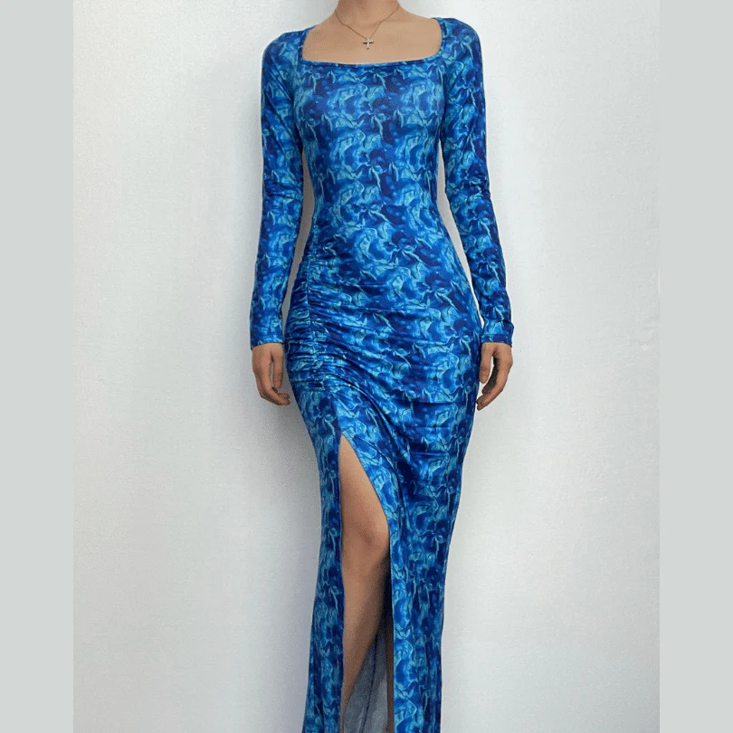 Lace up backless long sleeve slit ruched contrast print maxi dress- Final Sale - republicanstateiLace up backless long sleeve slit ruched contrast print maxi dress- Final Sale - republicanstatei