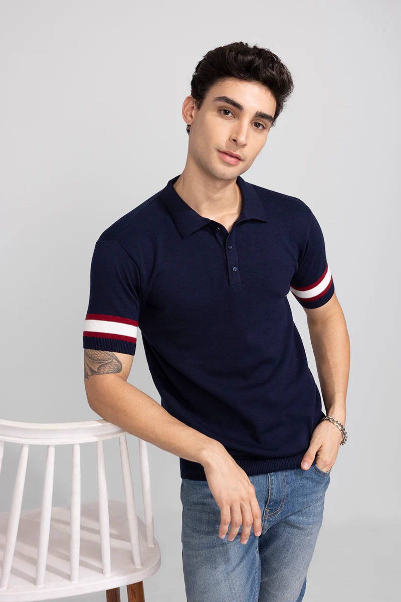 Striped Rib Navy Polo T-Shirt - republicanstateiStriped Rib Navy Polo T-Shirt - republicanstatei
