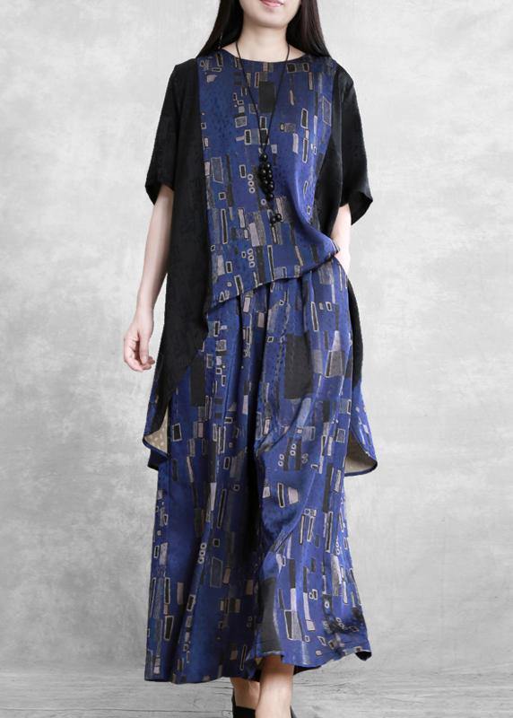 Summer new stitching suit wide irregular ethnic blue printing two-piece - tumbierware