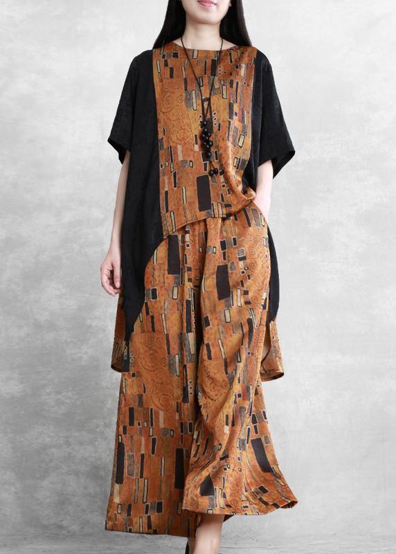 Women's literary stitching suit loose irregular casual two-piece yellow summer - tumbierware