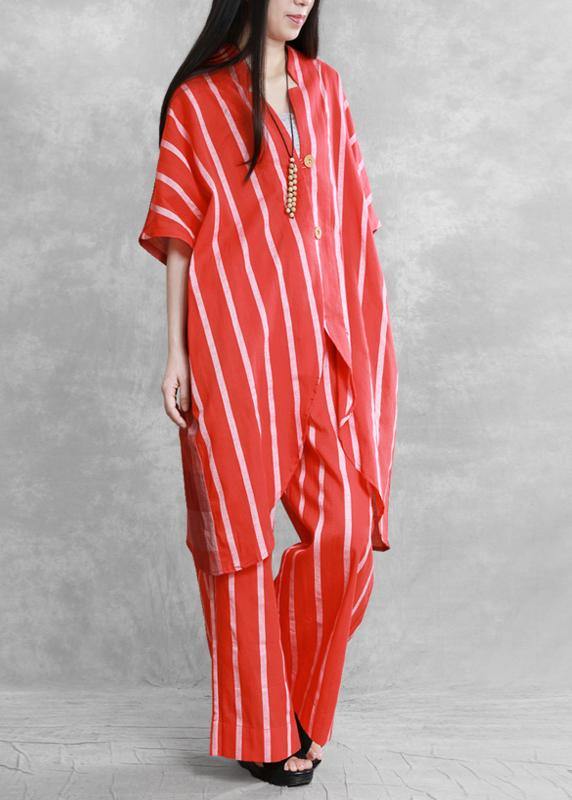 Women's loose suits. wear more red stripes stitching shirts. casual wide-leg pants - tumbierware