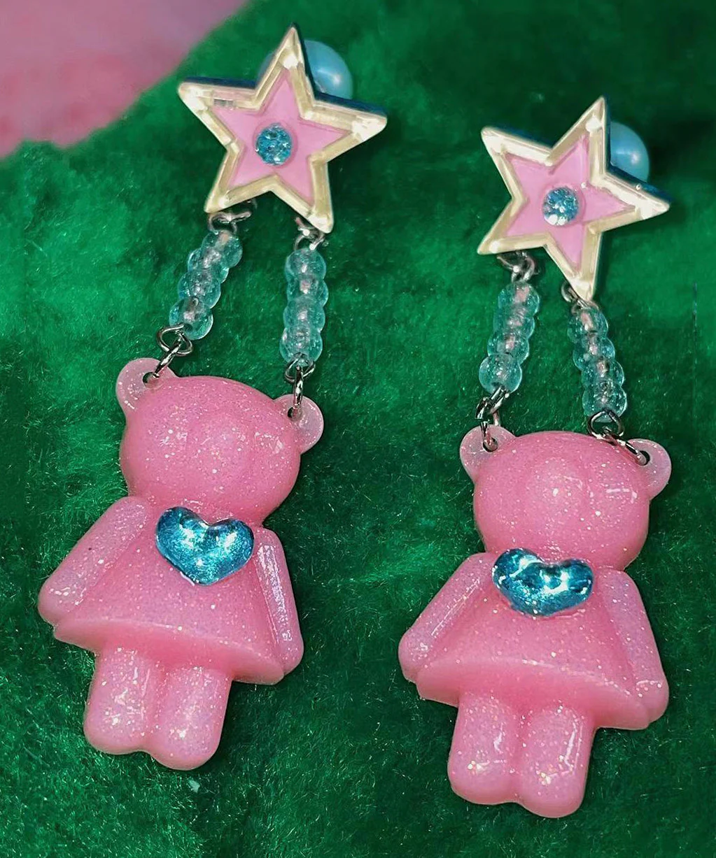 Cute Pink Alloy Acrylic Star Little Bear Resin Love Zircon Drop Earrings - tumbierware