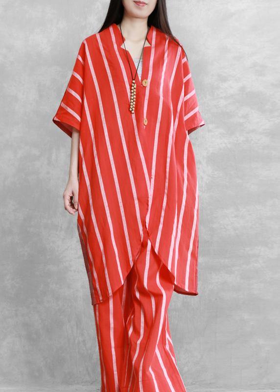 Women's loose suits. wear more red stripes stitching shirts. casual wide-leg pants - tumbierware