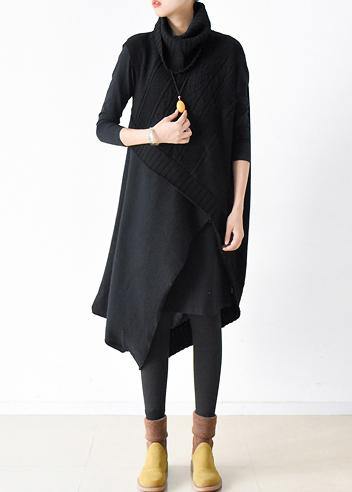 Fall and winter new loose knitted stitching black dress two-piece suit - tumbierware