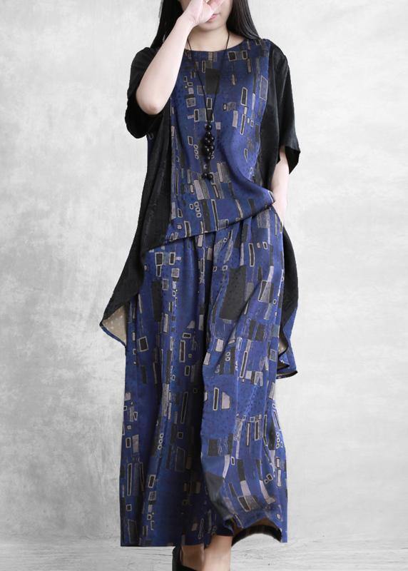 Summer new stitching suit wide irregular ethnic blue printing two-piece - tumbierware