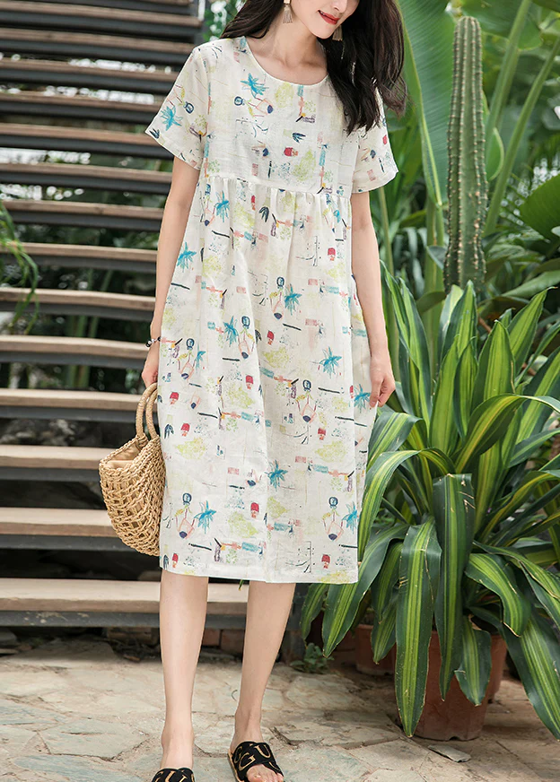 French nude print linen Robes boutique Christmas Gifts o neck Cinched Art Summer Dresses - tumbierware