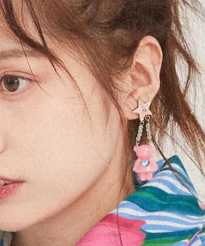 Cute Pink Alloy Acrylic Star Little Bear Resin Love Zircon Drop Earrings - tumbierware