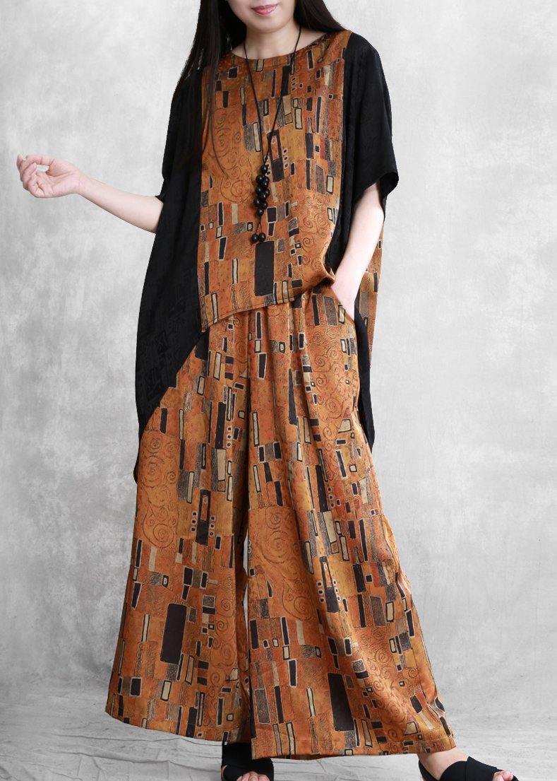 Women's literary stitching suit loose irregular casual two-piece yellow summer - tumbierware