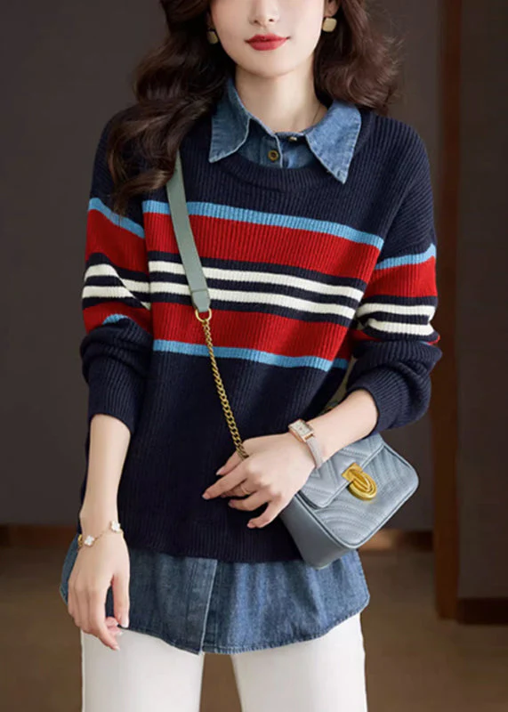 French Red Peter Pan Collar Denim Stitching Fake Two Piece Knit Top Autumn - tumbierware