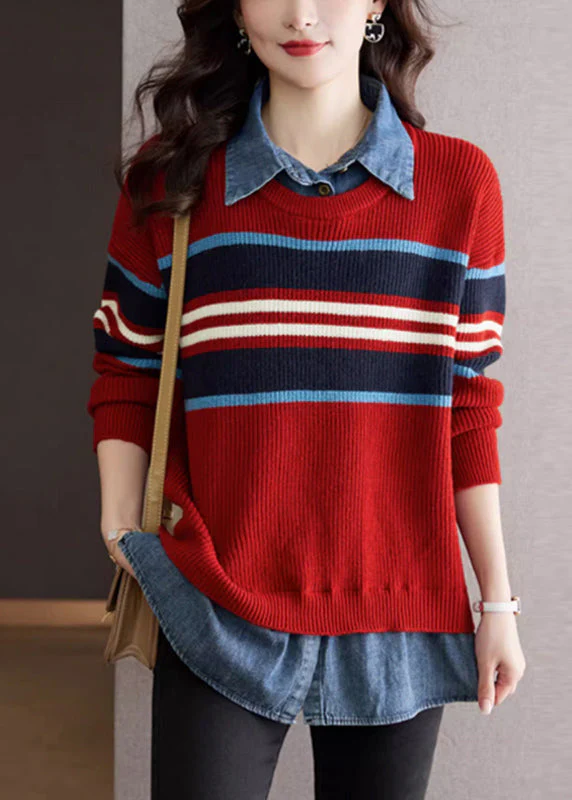 French Red Peter Pan Collar Denim Stitching Fake Two Piece Knit Top Autumn - tumbierware