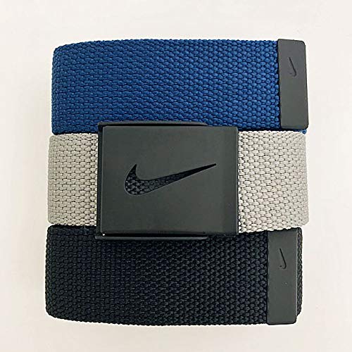 Nike Men's 3 Pack Web Belt. Matte Black Hardware. Black/Grey/Navy. One Size - necksoother